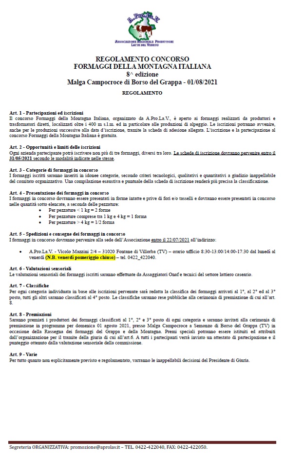 Regolamento 8° Concorso dei formaggi della montagna italiana